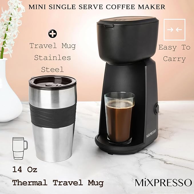 Mixpresso Personal Single Serve Coffee Maker &amp 14oz Travel Mug Drip Small Coffee Maker &amp Tumbler Auto Shut Off &amp Reusable Filter Compatible with Coffee Grounds