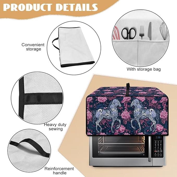 Horse Peony Print Toaster Oven Dust Cover for Kitchen Counter Decor Heavy Duty Bread Maker Cover Dust Protection 20.5 x 16.5 x 10 Pink