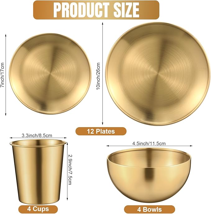 Jinei 24 Pcs 304 Stainless Steel Dinner Set Include 7 Inch 10 Inch Stainless Steel Plates Bowls and Cups Reusable Metal Utensils Dinnerware for Home Outdoor Picnic Kitchen (Gold)