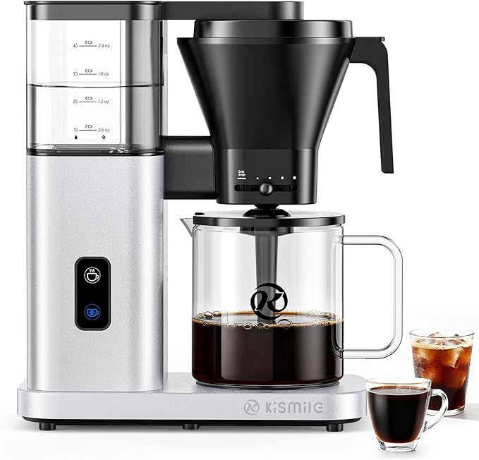 Kismile 8 Cup Drip Coffee Maker Machine Pour Over Coffee Brew with 3s Instant Heat 197-205℉ Removable Water Tank Adjustable Flow Control Deep Cold Brew &amp Keep Warm 40 Min Easy to Clean (silve