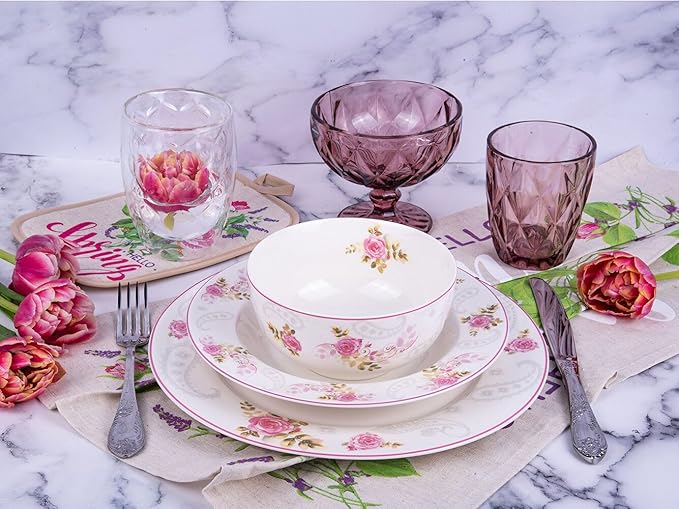 Bone China Deep Plate Set of 4 Dinner Plates Salad Plates Dinnerware Sets Serving Bowls Soup Bowls Kitchen Plates Tableware Set for Home and as a Gift (English Rose Set of 6)