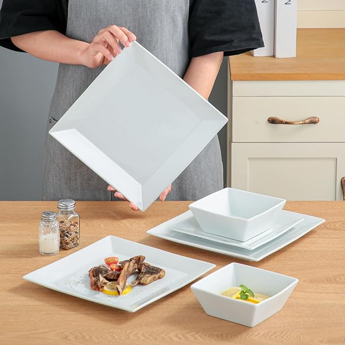 DOMINI 12-Piece Ceramic Kitchen Dinnerware Set Service for 4 Porcelain Dishes Dinner Set Square Dinnerware Sets with Dinner Plates Dessert Plates and Pasta BowlsSquare-White