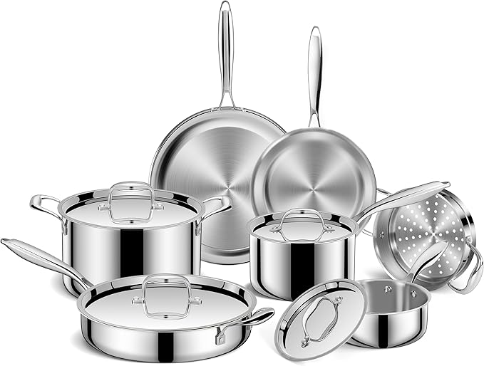 EWFEN Pots and Pans Set 3 Ply 11 Piece Stainless Steel Cookware Set Oven Dishwasher Safe | Induction Compatible Frying Pans Saucepans Saute Pan &amp Stock Pot PFOA Free Kitchen Skillet