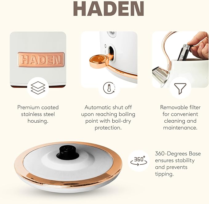 HADEN Coffee Machine 12 Cup Drip Coffee Maker Bundled with Heritage 1.7 Liter Stainless Steel Electric Kettle Ivory &amp Copper