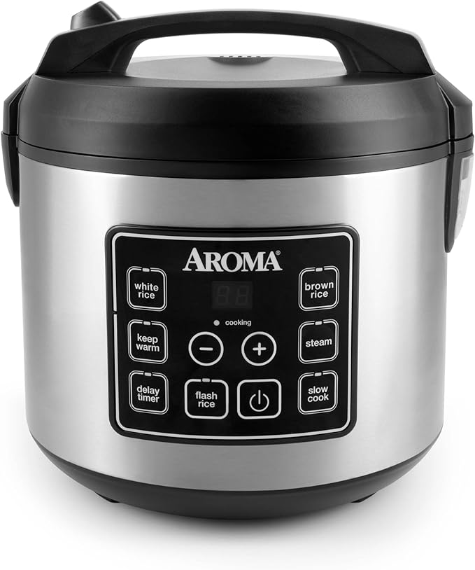 AROMA® 20-Cup (Cooked) / 10-Cup (Uncooked) Digital Rice Cooker Multicooker Slow Cooker Steamer Flash Rice Keep Warm Sensor Logic® Technology Stainless Steel Exterior