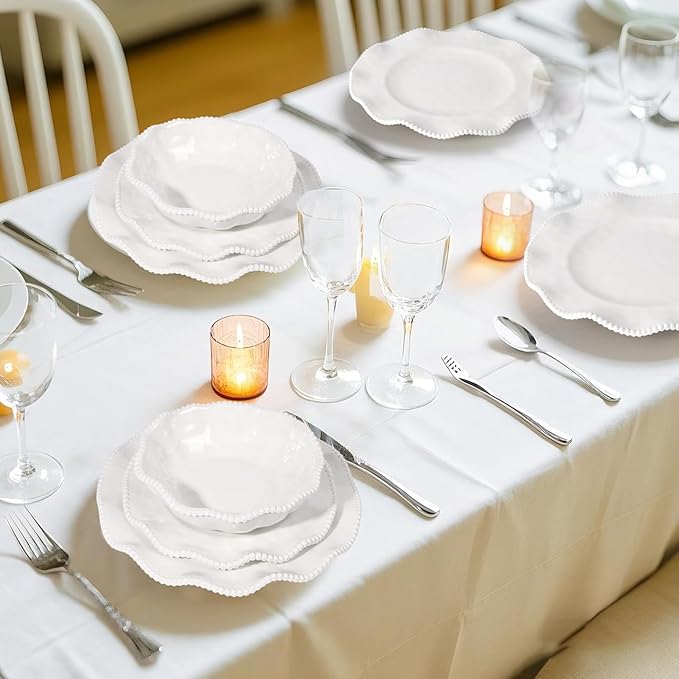 Melamine Dinnerware Sets Service for 4 Cream Plates and Bowls Set with Beaded Edge BPA Free Dishwasher Safe Heavy Duty Shatterproof Unbreakable Tableware for Wedding Party Camping Outdoor