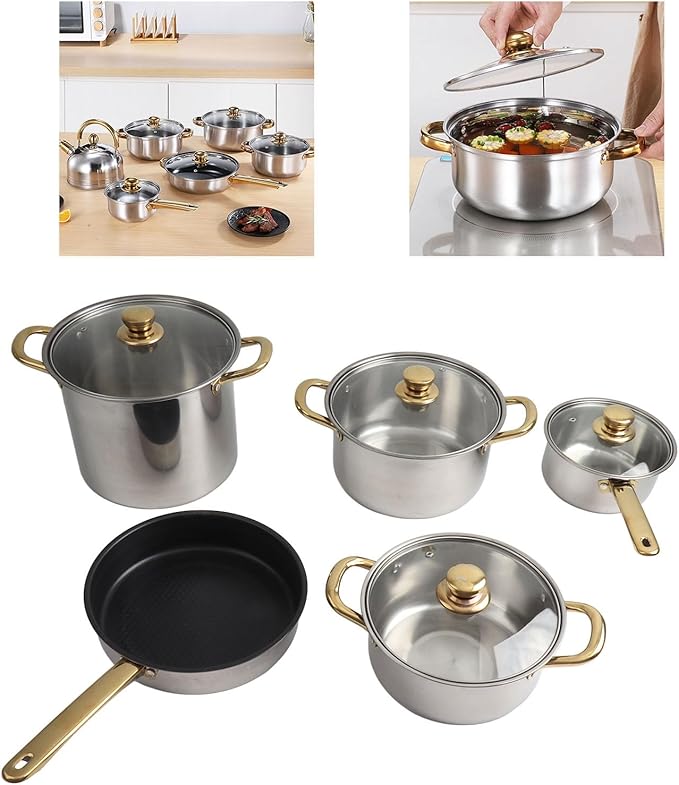 Ergonomic Stainless Steel Cookware Set with Gold Handles Multifunctional Pots and Pans with Glass Lids Ideal for the Kitchen