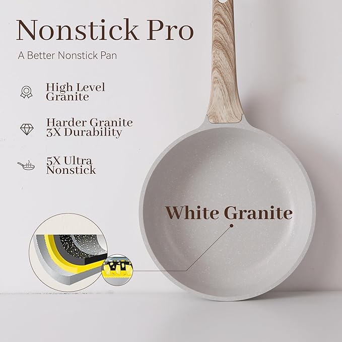 Pots and Pans Set Non Stick 13Pcs Kitchen Cookware Sets Granite Stone Induction Cookware Non Stick Cooking Set w/Frying Pans Saucepans Sauté Pan (PFOA Free) Cream White