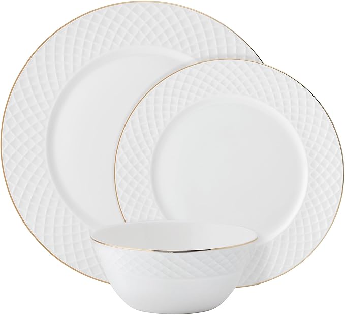 Mikasa Trellis Gold Rim Bone China Lightweight Chip Resistant 12 Piece Dinnerware Set Service for 4