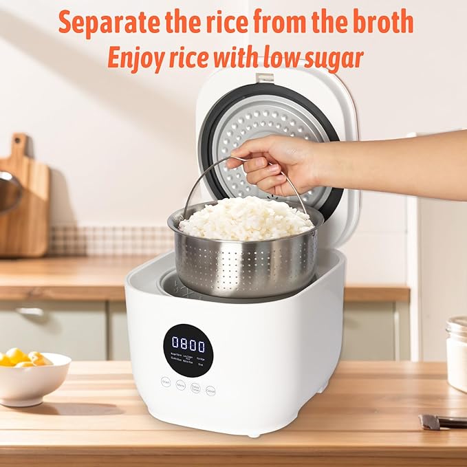 Small Low Carb Rice Cooker 6 Cup 3L Mini Low Sugar Rice Cooker with Steamer Basket 5 Cooking Functions Smart Starch Removing 8H Keep Warm for PorridgeSoupQuick RiceWhite Rice(White)
