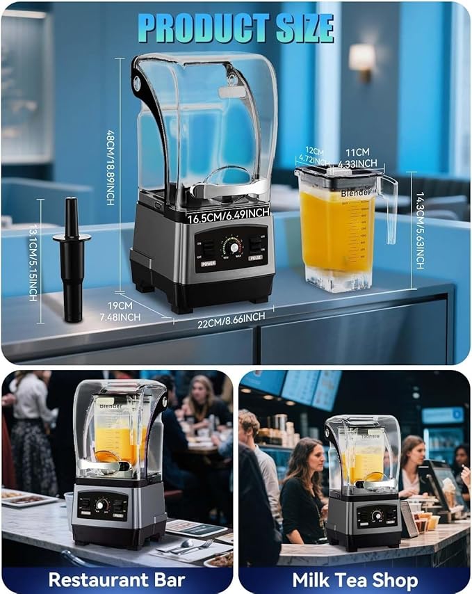 Commercial Quiet Blender for Kitchen Noise Reduction blender with Shield Quiet Sound Enclosure Six-Bladed Stainless Steel Knife Speed Adjustable 2600W(Gray)