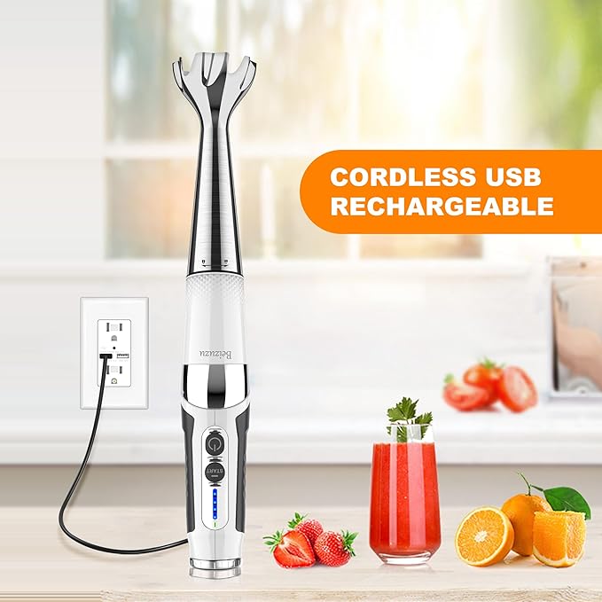 Cordless Immersion Blender: 4-in-1 Rechargeable Cordless Hand Blender 21-Speed &amp 3-Angle Adjustable with Chopper Beaker Whisk Beater for Milkshakes | Smoothies | Soup Baby Food (White)