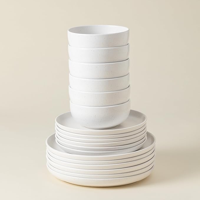 Casafina Ceramic Stoneware 18-Piece Place Setting Service for 6 with Cereal Bowls - Pacifica Collection Salt White | Microwave &amp Dishwasher Safe Dinnerware Set | Restaurant Quality Tableware