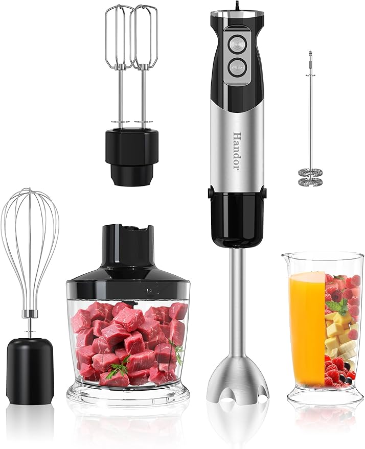 Handor 6-in-1 Hand Immersion Blender 1000W 12 Speed Handheld Blender with 600ml Beaker 500ml Chopper Egg Whisk Milk Frother Stainless Steel Blades for Soup Smoothie Puree