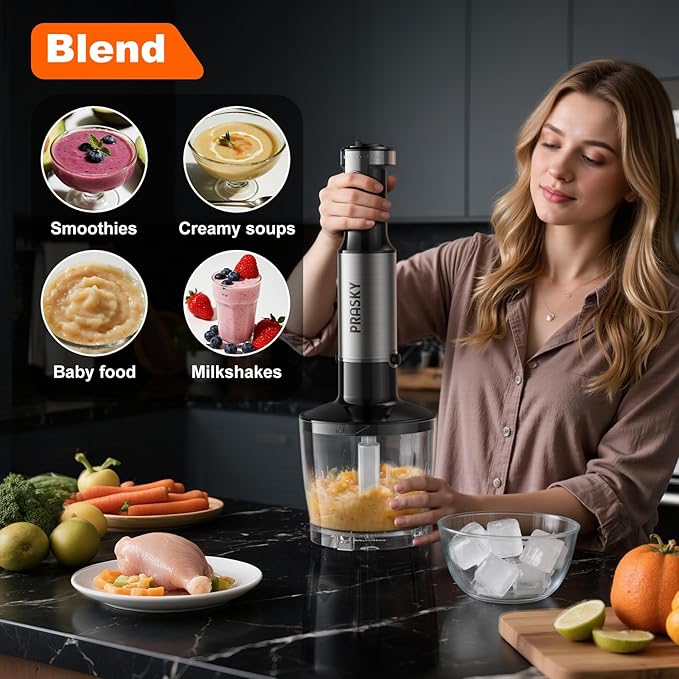 Immersion Blender Handheld Hand Blenders 20 Speed &amp Turbo Mode Hand Held Blender Heaviest Duty Copper Motor Stainless Steel Blades Milk Frother Wand Whisk 600ml Beaker 500ml Chopper (Silver