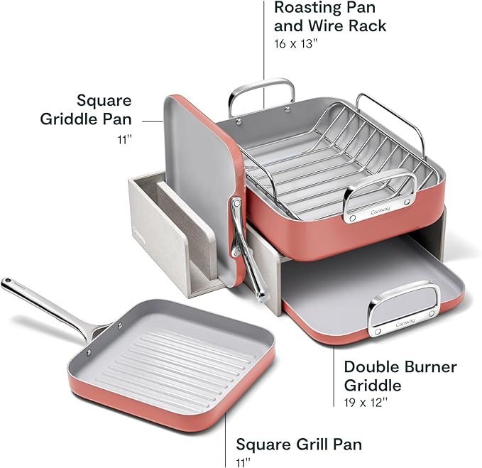 Caraway Square Cookware Set - Square Pans Set - Perfect for Griddling Toasting Searing Roasting and More - Non-Stick Ceramic Coated Pans - Non Toxic PTFE &amp PFOA Free - Perracotta