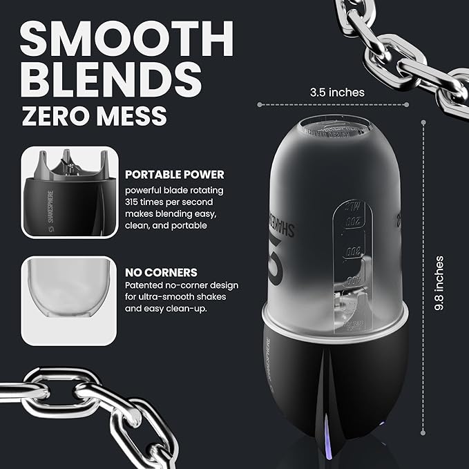 SHAKESPHERE Portable Blender for Shakes and Smoothies – 19oz Electric Personal Blender with Clear Tritan Cup USB-C Rechargeable Compact and Powerful for Travel Gym and Workout – Black