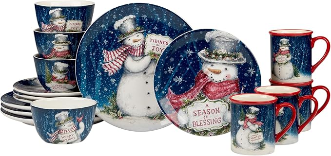 Certified International Snowman Greetings 16 Pc Dinnerware Set Service for 4