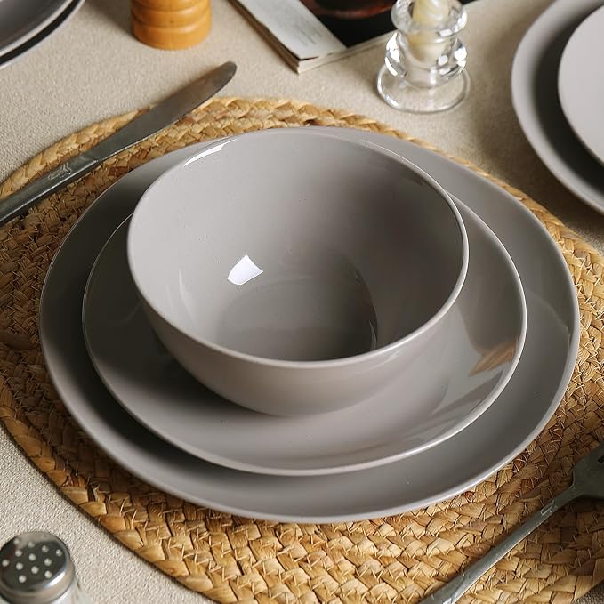 Dinnerware Sets for 4 12 Pieces Stoneware Plates and Bowls Sets Dishwasher&ampMicrowave SafeModern Minimalist Tableware for Everyday Use Grey