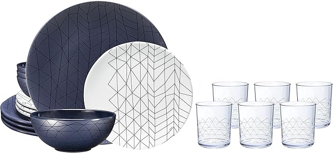bzyoo BPA-Free Dishwasher Safe 100% Melamine Plate &amp Bowl Set for Casual dining Indoor and Outdoor Dining Party (12 PCS Dinnerware set 6pc Tumbler Bundle Set Spidy French Navy)