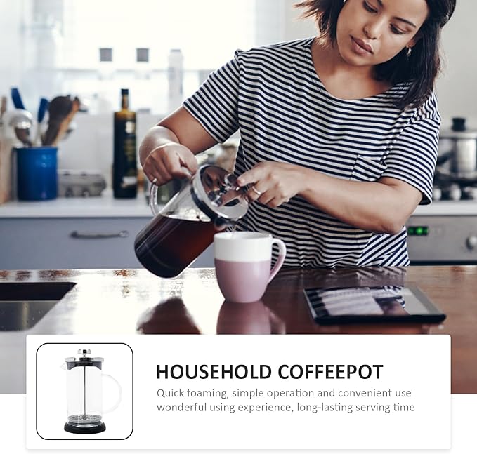 Manual Press Coffee Maker Set Large Portable Manual Coffeepot with Stainless Steel Lid Glass Coffee Pot and Milk Frother for Household Brewing and Tea Brewing