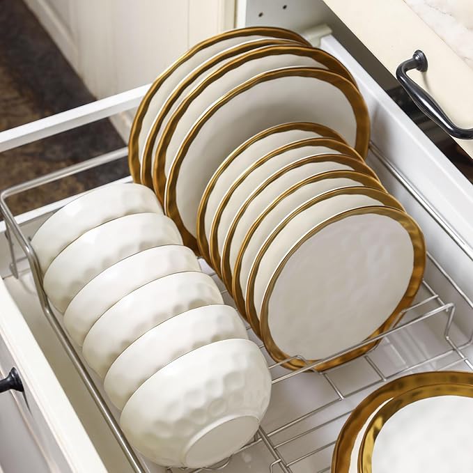 Vicrays 12-Piece Ceramic Dinnerware Set Dinner Plates Salad Plates &amp Cereal Bowls Dish Set for 4 Microwave Oven &amp Dishwasher Safe Scratch Resistant White with Golden