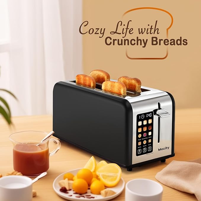 Mecity 4 Slice Toaster with Touchscreen Long Slot Stainless Steel Smart Bread Toaster for Bagel Muffin Waffle Gluten Free Breads Timer Defrost Reheat 120V 1400W