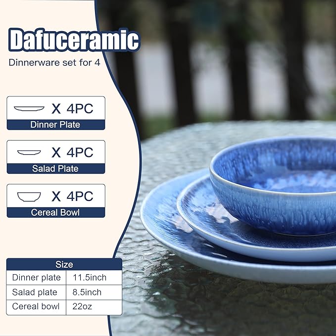 12 Pieces Stoneware Dinnerware Set Modern Reactive glaze Dish Set for 4 Premium Serving Plates and Bowls SetsSeries MOON(SKY BLUE)