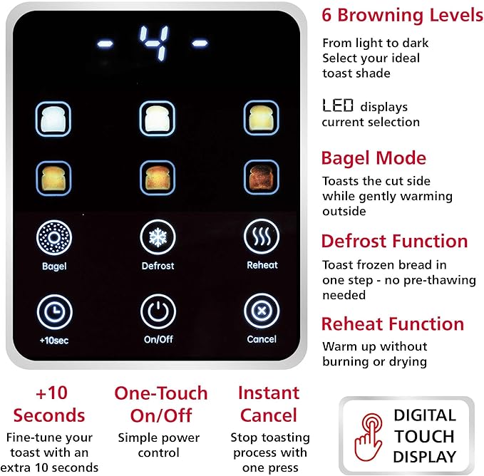 Brentwood TS-228DS Touch Screen 2-Slice Digital Toaster with Extra Wide Slots 6 Shade Settings Bagel Cancel Defrost and Reheat Functions Stainless Steel