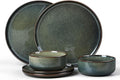E-far 6-Piece Plates and Bowls Set Stoneware Dinnerware Sets for 2 Ceramic Dishes Reactive Glaze Dinning Ware Microwave &amp Dishwasher Safe - Obsidian Green