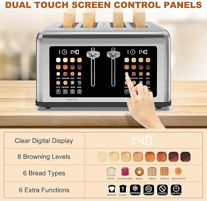 4 Slice Toaster Touch Screen Stainless Steel Toasters Digital Timer Dual Control Panel Toasters 8 Shade Settings 6 Bread Types for Bagel Cancel Defrost 1650W