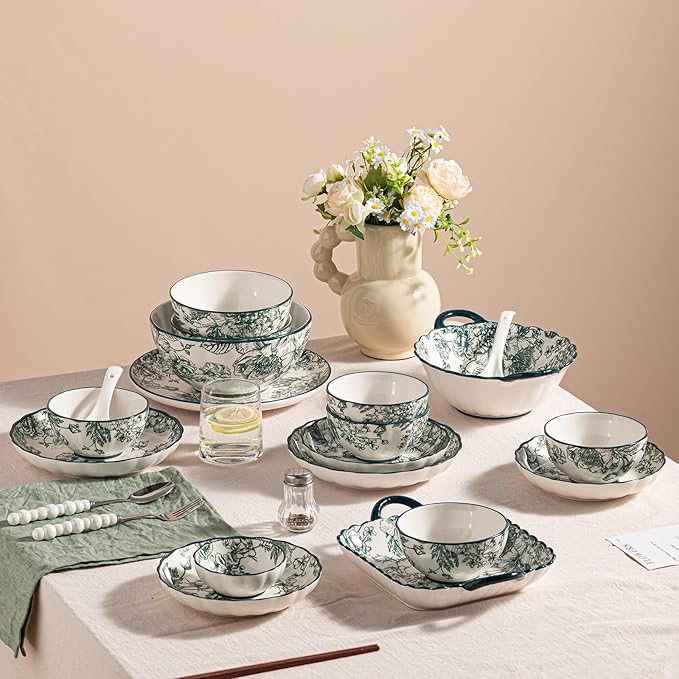 56 Piece Ceramic Dinnerware Set Microwave &amp Dishwasher Safe Plates and plates and bowls setss Sets with Green Rose Pattern Porcelain Dishware Sets for Kitchen &amp Dining
