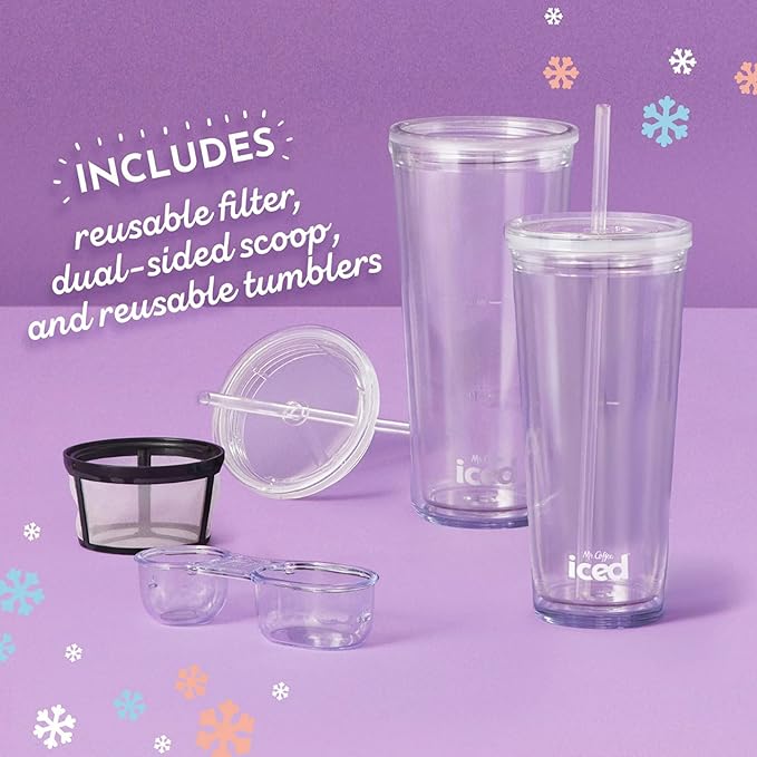Mr. Coffee 3-in-1 Single-Serve Iced and Hot Coffee/Tea Maker with Blender with Reusable Filter Scoop Recipe Book 2 Tumblers Lids and Straws Black