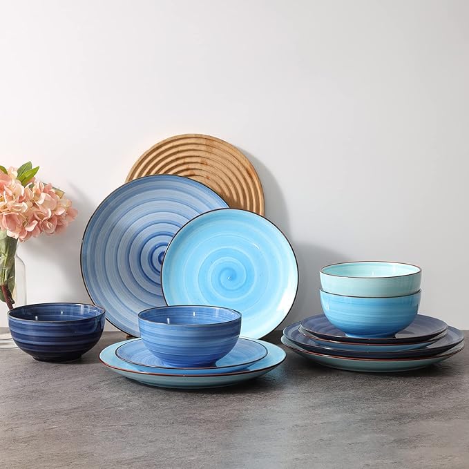 Selamica Ceramic Dinnerware Sets for 6 18 Pieces Plates and Bowls Set Scratch Resistant Dishes Set Handpainted Swirl with Spot Dishwasher &amp Microwave Safe Gradient Blue