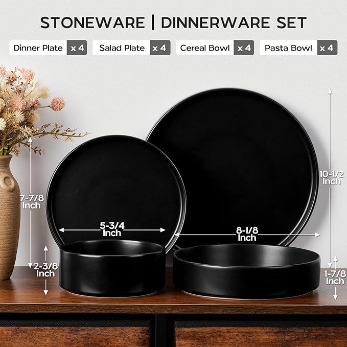 Onader 16 Piece Dinnerware Sets with Serving Bowls for 4 Kitchen Cooking Utensils Set with Holder 15 Pcs Silicone Spatula Set- Black