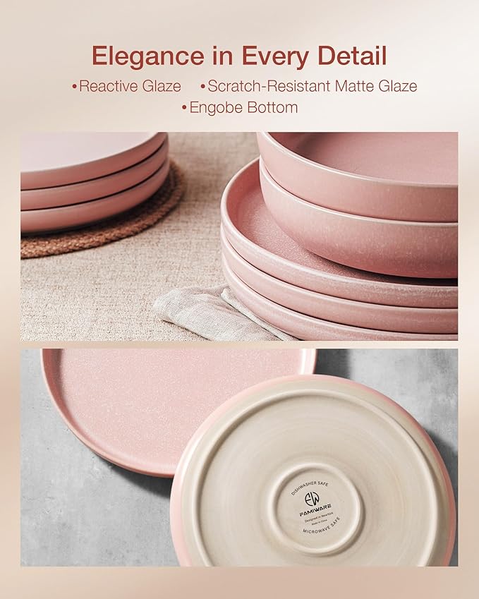 Famiware Milkyway Plates and Bowls Sets 12 Pieces Dinnerware Sets Reactive Glaze Dish Set Stoneware Dishes Set for 4 Light Pink