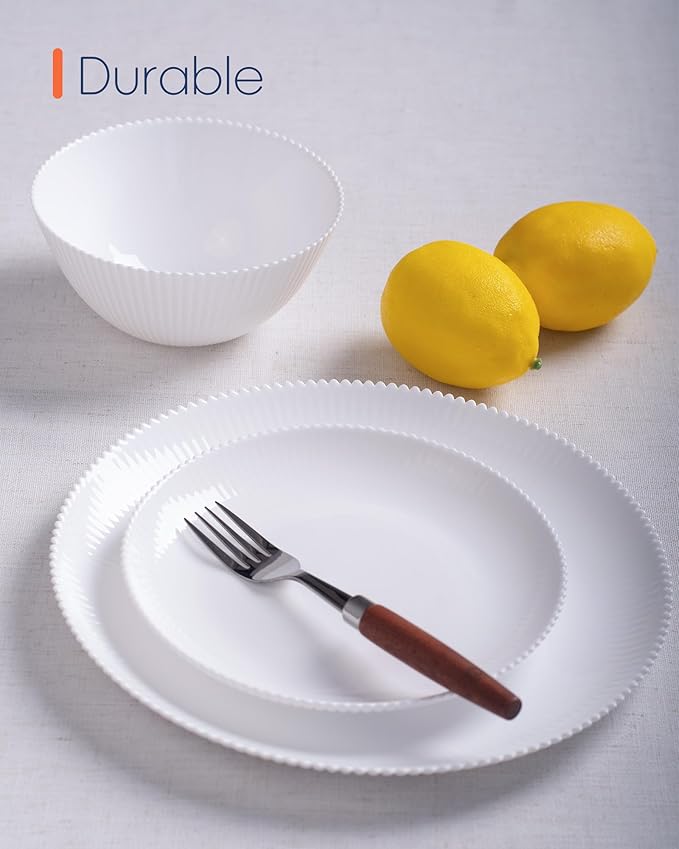 Dinnerware Sets for 4 12 Pieces Opal Glass Plates and Bowls Set Dishwasher and Microwave Safe Ribbed Dish Dinning Ware Chip and Scratch Resistant Dishware White
