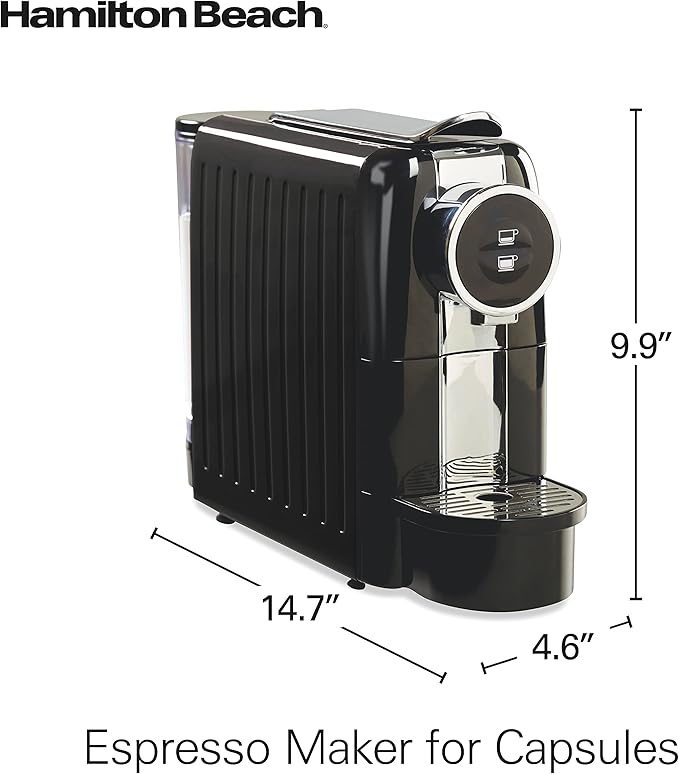 Hamilton Beach Espresso Machine Compatible with Nespresso Pods Single Serve Coffee Maker Powerful Italian 19 Bar Pump 22 oz. Water Reservoir Custom Cup Size Holds 13 Capsules Black (40726)