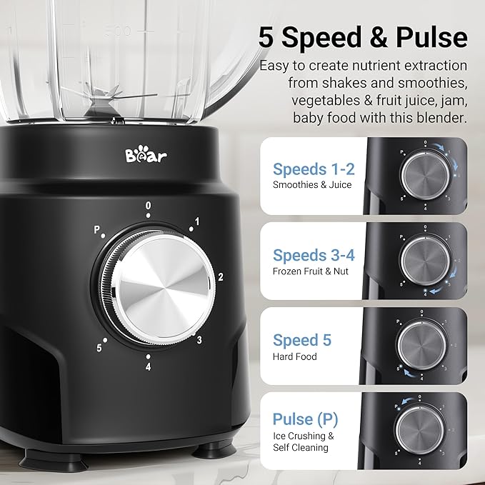 Bear 800W 6-Speed Blender Smoothie Blender for Kitchen with 50oz(1.5L) BPA-Free Cup/Suction Feet/Feeding Hole/10 blades Countertop Blender for Smoothies Crush Ice Frozen Fruit Juice and Puree