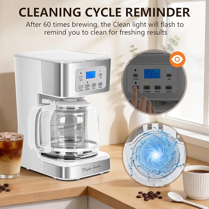 Taylor Swoden 12-Cup Programmable Coffee Maker Regular &amp Strong Brew Drip Coffee Machine for Home and Office Glass Carafe Pause &amp Serve Auto Shut Off White &amp Stainless Steel
