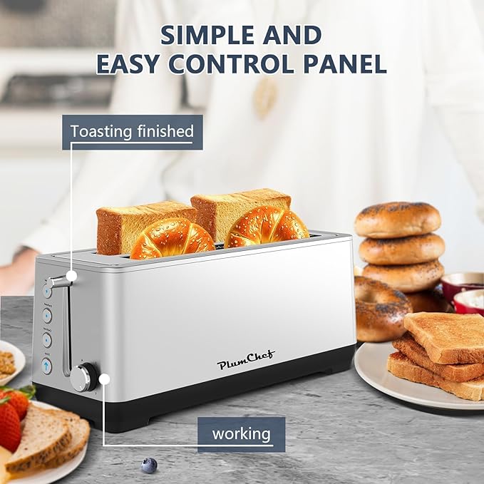 4-Slice Long Slot Toaster Wide Slot Stainless Steel Housing Bread Toaster with 6 Browning Settings Bagel/Defrost/Reheat Functions Removable Crumb Tray Self-Centering Slots Stainless Steel