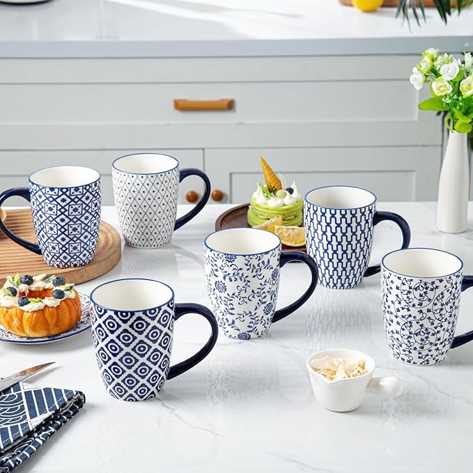 24 Pieces Ceramic Dinnerware - 12 Oz Dessert Bowls and 8.5 Inch Salad Plates and 24 Oz Cereal Bowls and 16 Oz Coffee Mugs Sets - Service for 6 - Vintage Blue