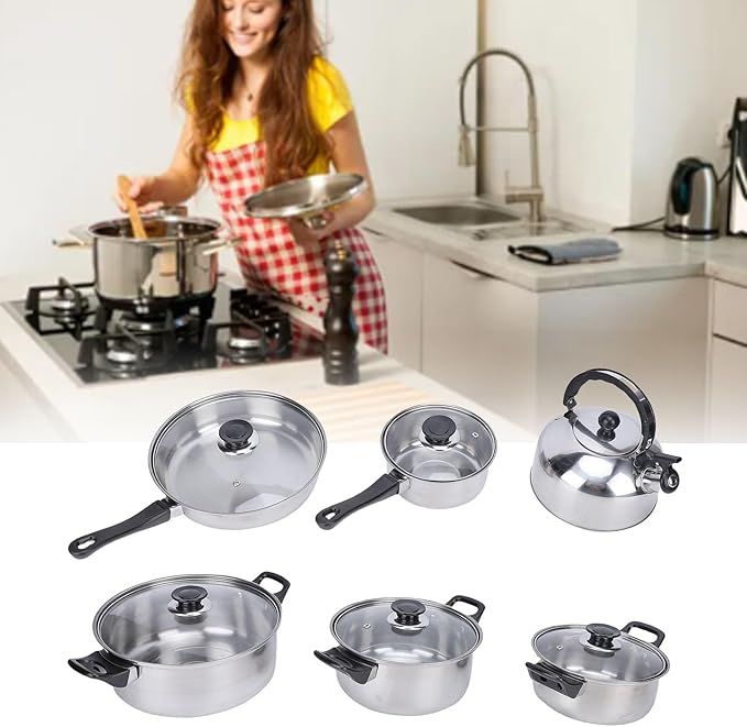 Haofy Kitchen Pots Pans Set All in One Stainless Steel Ergonomic Grip Versatile Cooking Collection with Saucepan Kettle For Home Chefs Beginners Sauting Simmering Giving