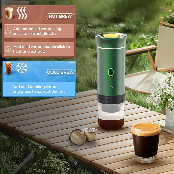 Mini Electric Espresso Coffee Machine Small Self-Heating Portable Car Coffee Maker with Capsule and Ground Coffee for Office RV Travel Camping Hiking (green)