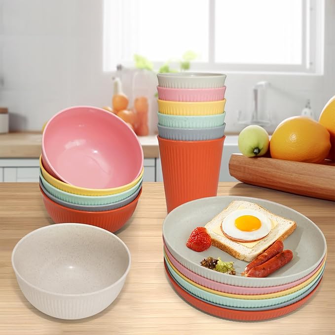 36 pcs Wheat Straw Dinnerware Sets DAPIPIK Unbreakable Reusable Dinnerware Set Lightweight Camping Plates Cups and Bowls Set. Dishwasher Microwave Safe Dinnerware