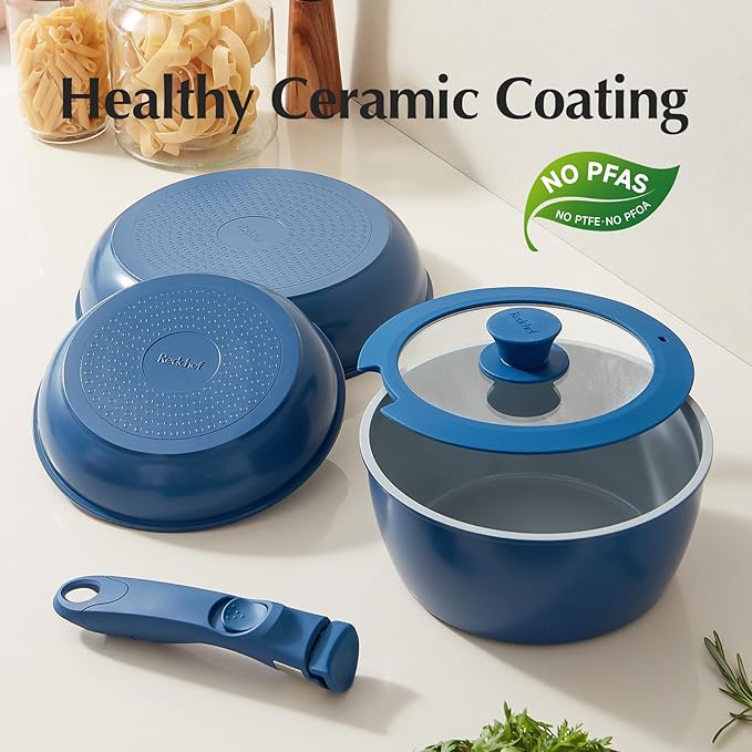 Redchef Ceramic Pots and Pans Set Non Stick Nonstick Kitchen Cookware Sets Non Toxic Pots and Pans Set Non Stick PFAS PFOA &amp PTFE Free Nonstick Frying Pans Set Ceramic Pan Skillet RV Cookwar
