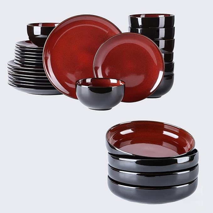 LERATIO Ceramic Dinnerware Sets for 8Stoneware Plates and Bowls SetsHandmade Reactive Glaze Dishes SetChip Resistant and Scratch Resistant | Oven&ampDishwasher &amp Microwave Safe-Red (24PCS)