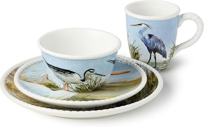 Coastal Birds 16-Piece DINNERWARE SET SERVICE for 4 Ceramic Dinner Salad Plates Mugs Bowls artist-designed Wetland Birds Blue Sky for Coastal Dining