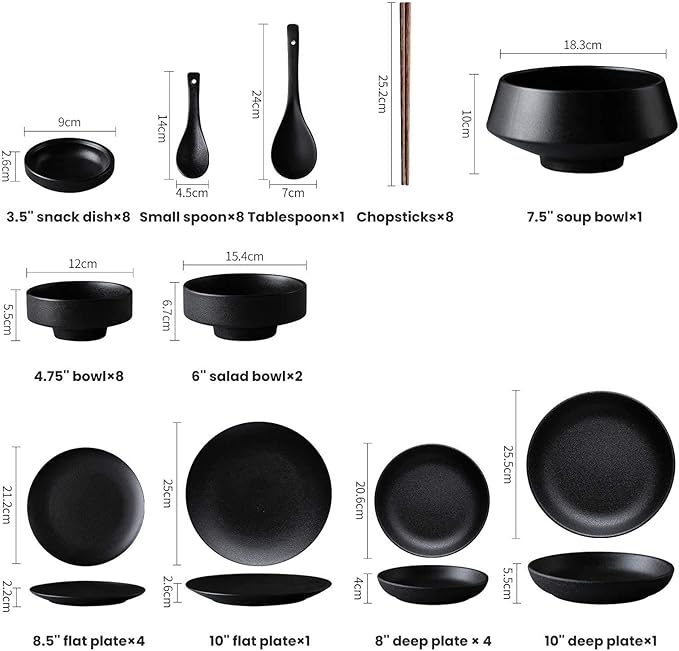 Ceramics Dinner Sets 46 Pieces Matte Black Glaze Cereal Bowl and Steak Plate Set | Porcelain Dinnerware Set for Family Gathering and Restaurant