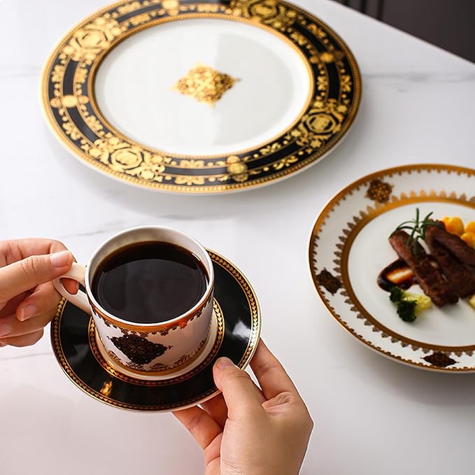 European Style Dinnerware Set Service for 4 Bone China Dinnerware Sets Unbreakable Porcelain Dinner Sets Coffee Cup and Saucer Tableware Set Steak Dinner Plates Dish Set Black bone china-03